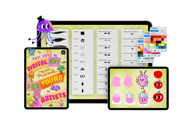 First Steps in Digital Art for Young Artists course with playful jellyfish and fruit characters