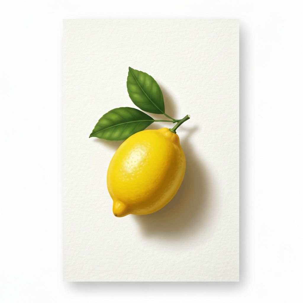 Digital painting of a yellow lemon with two green leaves