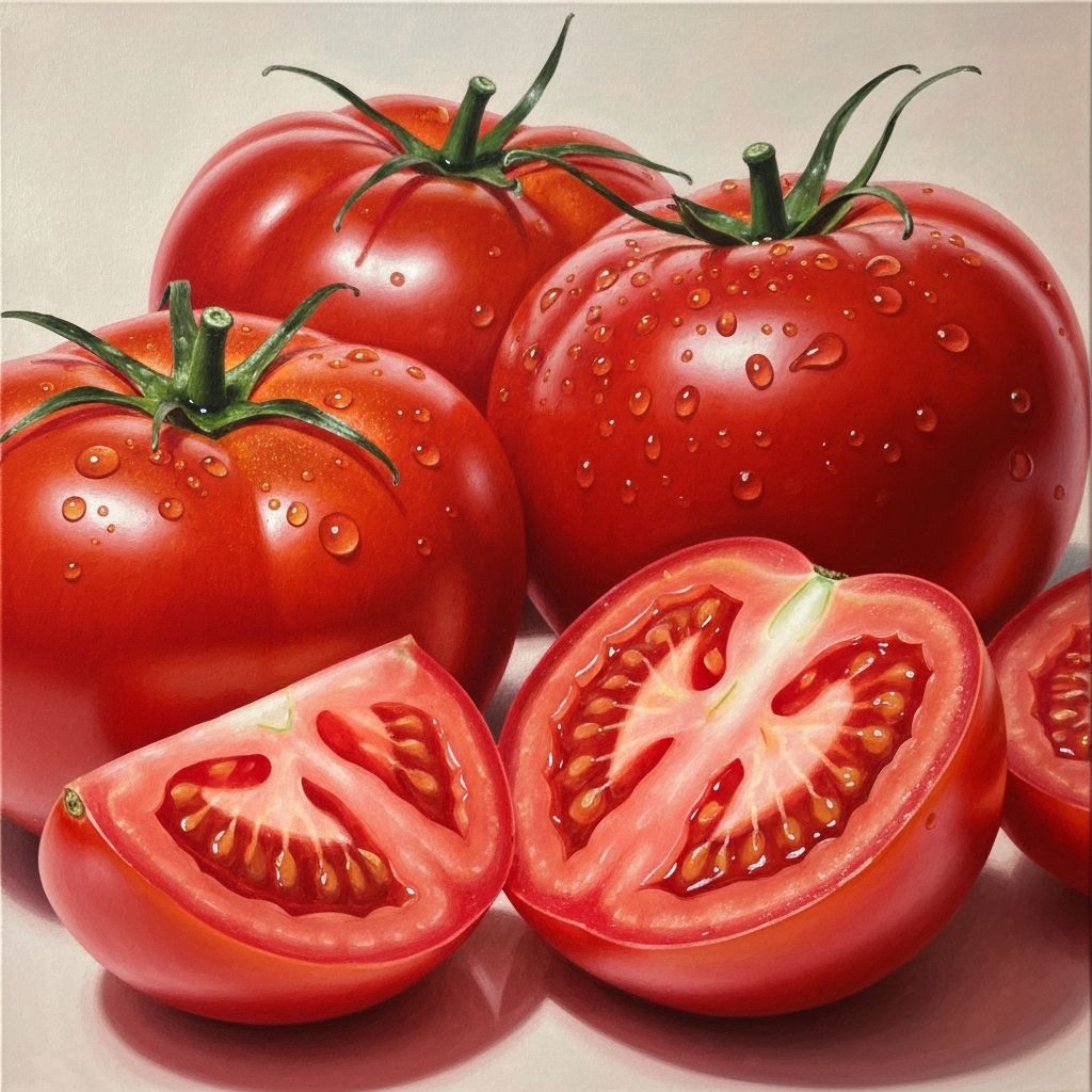Close-up oil painting of whole and sliced ripe red tomatoes