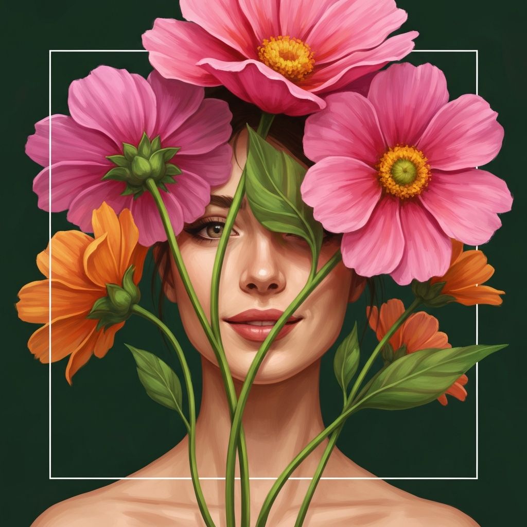 Oil painting of a woman's face partially obscured by pink and orange flowers